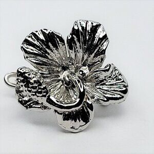 Mini Rhodium Hibiscus Flower Brooch Lapel Pin for Men or Women